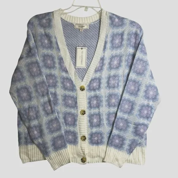 No Comment Knitted Sweater Cardigan Button Front Crop Multi Flower Floral L New - Picture 1 of 12